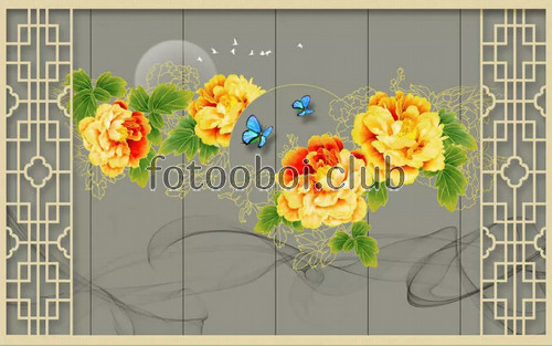 луна, птицы, цветы, пионы, узор, абстракция, 3д, 3d, бабочки